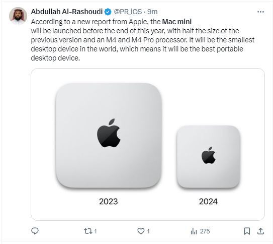 苹果秋季将卖史上最小Mac电脑——搭载M4芯片的新款Mac Mini,迎接AI功能