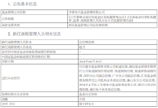 华泰保兴基金新任赵丹为总经理助理 曾任职于嘉实建信汇安基金