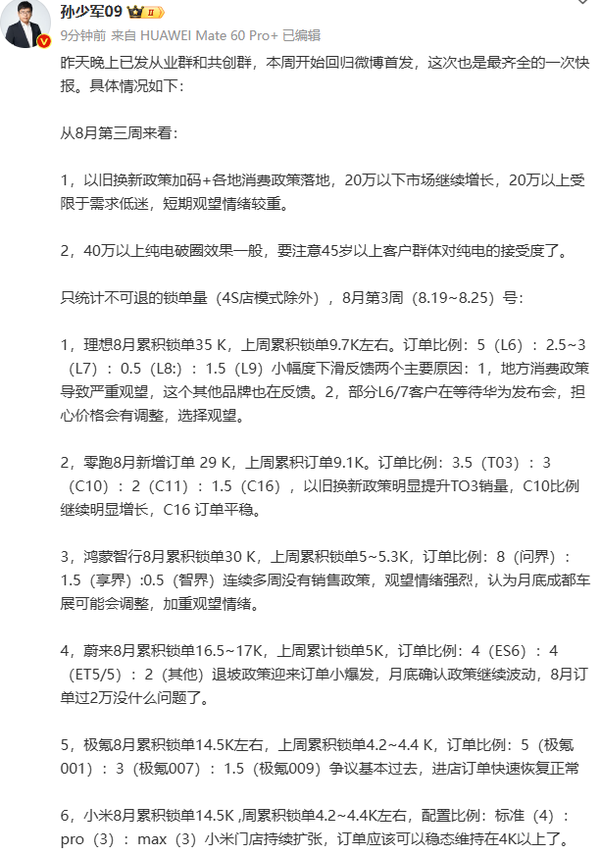 新势力上周新增订单量:零跑直追理想 小米极氪持平
